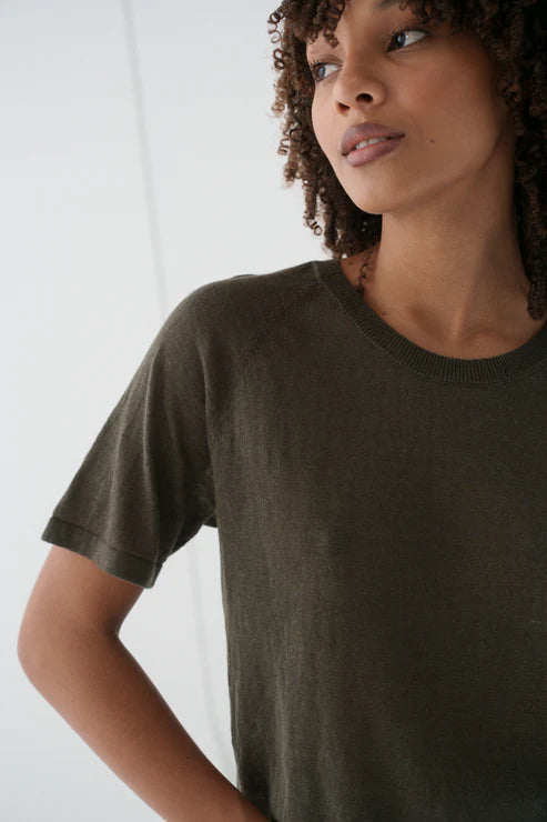 Grace Linen Knit Top in Khaki, sheer featherlight 100% European linen knit with raglan short sleeves and a minimal elegant design.
