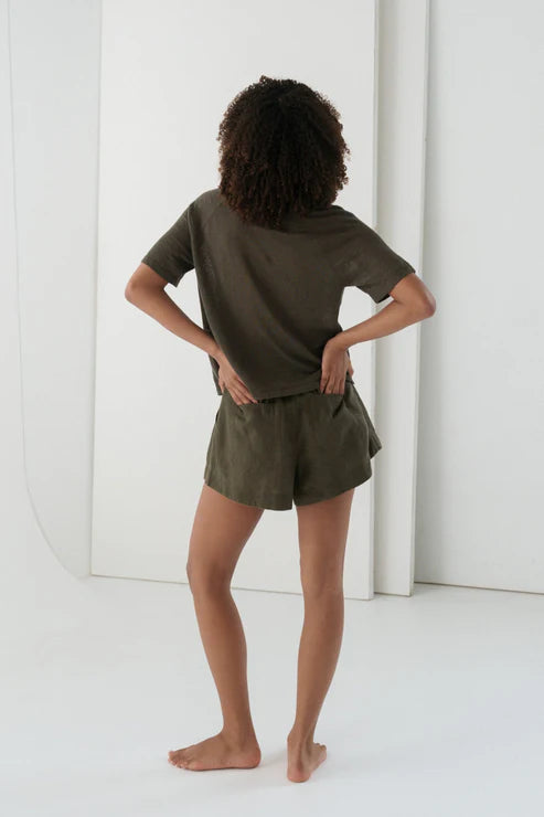 Grace Linen Knit Top in Khaki, sheer featherlight 100% European linen knit with raglan short sleeves and a minimal elegant design.
