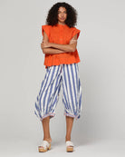 Boom Shankar Guru Pant in Ocean Stripe featuring blue and white stripes, a drawstring waistband, balloon-style legs and 3/4 length.
