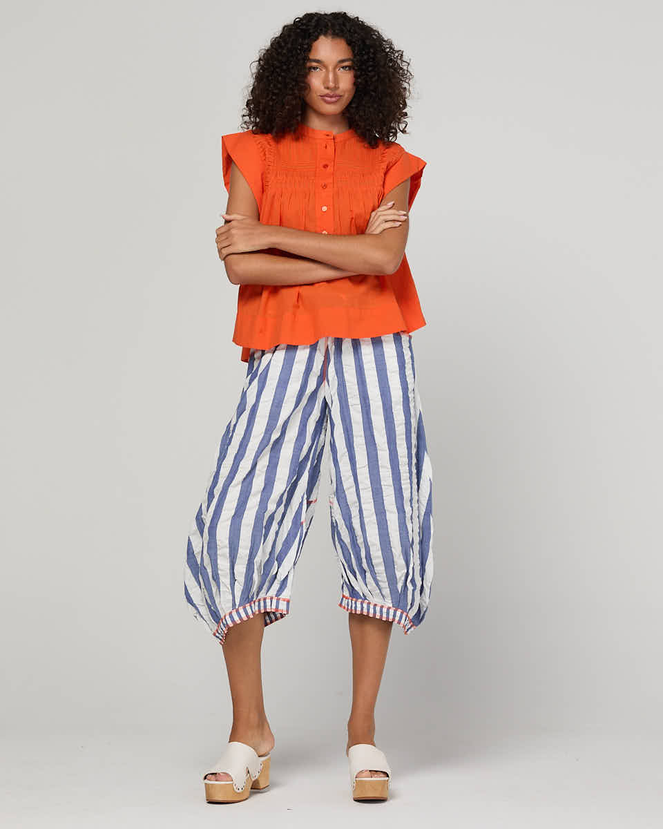 Boom Shankar Guru Pant in Ocean Stripe featuring blue and white stripes, a drawstring waistband, balloon-style legs and 3/4 length.
