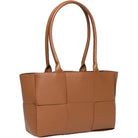 Gwen Handbag in chocolate vegan leather with structured shape, shoulder handles, magnetic closure, and light gold hardware.
