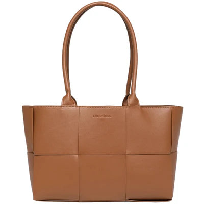 Gwen Handbag in chocolate vegan leather with structured shape, shoulder handles, magnetic closure, and light gold hardware.
