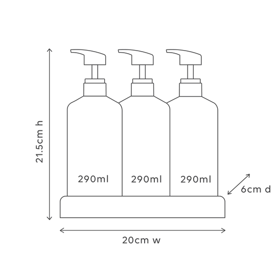 Hair & Body Trio – Hydrate featuring sulfate-free shampoo, nourishing conditioner, and rich body wash in a neutral stone-colored set.
