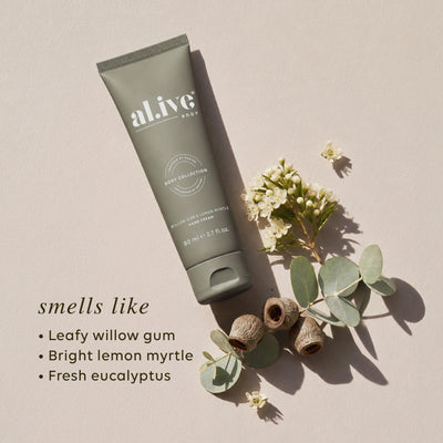 al.ive Hand Cream in Willow Gum & Lemon Myrtle, an 80ml nourishing hand cream with a fresh native Australian scent.