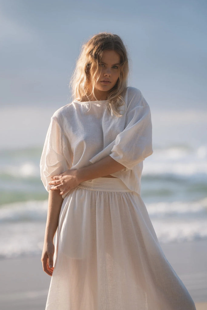 Ivory Hannah Linen Skirt Lilly Pilly is currently available at Rawspice Boutique.