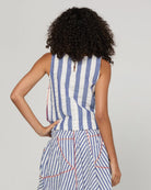 Boom Shankar Hara Top in Ocean Stripe featuring vertical stripes, a high scoop neckline, sleeveless design and fitted silhouette.