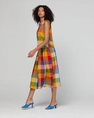 Hara Top in Kingston Check featuring a sleeveless design, round neckline, fitted shoulders and bust, and back keyhole with covered button detail.