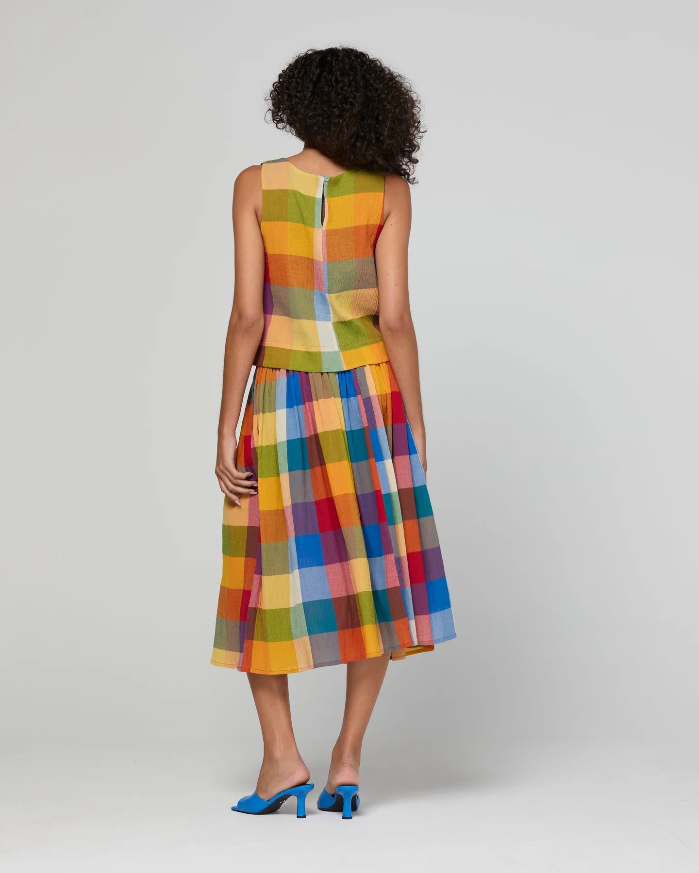 Hara Top in Kingston Check featuring a sleeveless design, round neckline, fitted shoulders and bust, and back keyhole with covered button detail.
