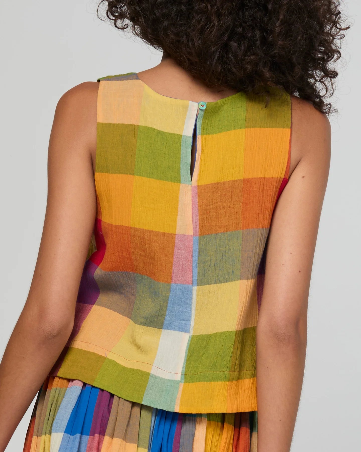 Hara Top in Kingston Check featuring a sleeveless design, round neckline, fitted shoulders and bust, and back keyhole with covered button detail.