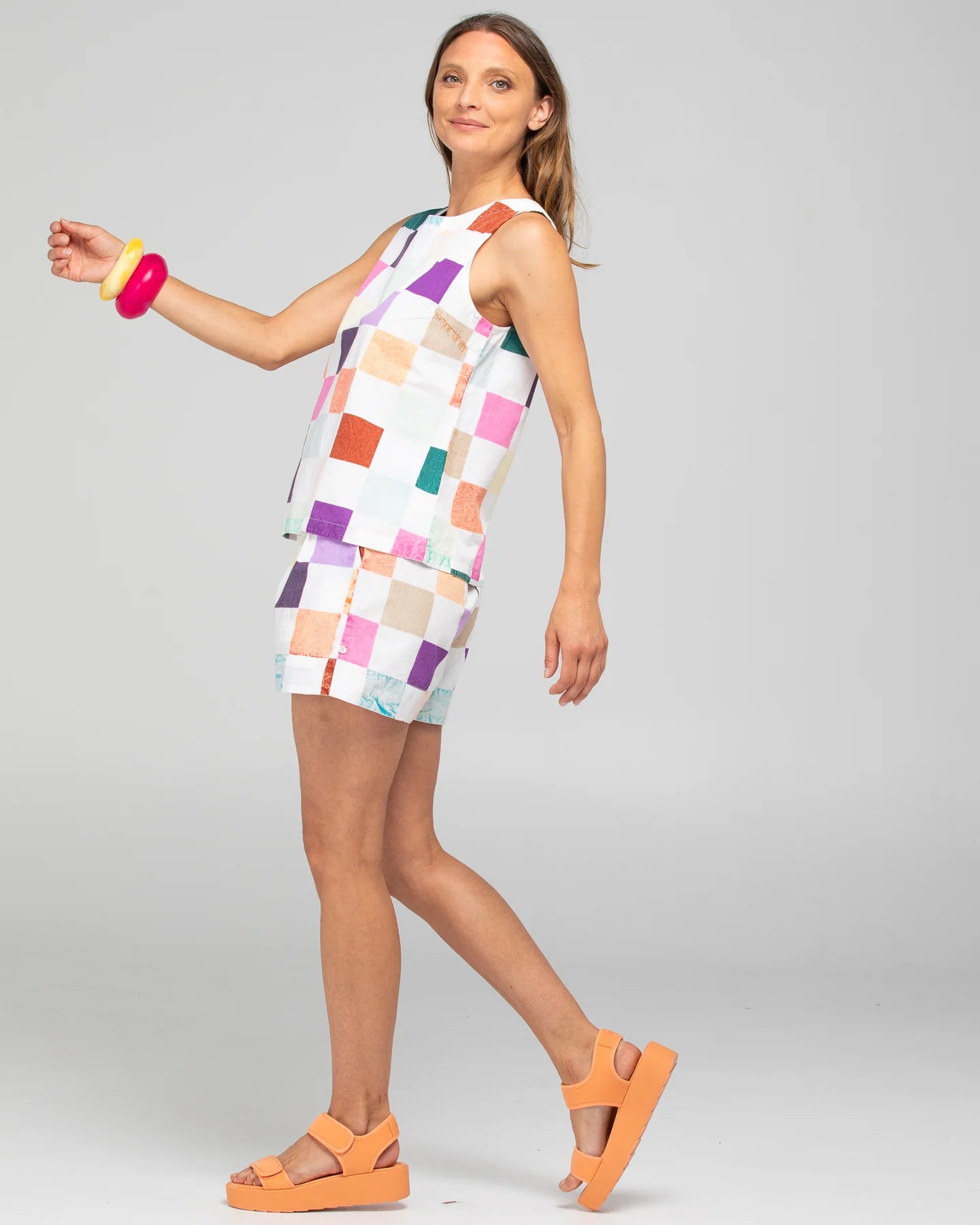 Hara Top in Gea print. A timeless, versatile top styled with the matching Hazel Short for a coordinated, effortless look.