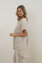Helene oversized linen top in natural combo with breathable mesh panels, relaxed fit and soft stonewashed texture.