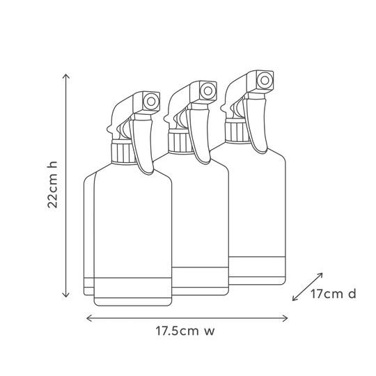 The Al.ive Home Cleaning Starter Kit, featuring three refillable 450ml bottles, each paired with 50ml cleaning concentrates for All Purpose, Bathroom, and Glass & Mirror cleaning. The kit includes three microfibre cloths, three bottle stations with connectors for customizable organization, and a sleek, modern design displayed on a clean countertop. The eco-friendly packaging is made with 30% post-consumer recycled plastic, showcasing a sustainable and effective cleaning solution.