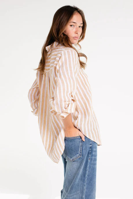 Boyfriend Linen Shirt - Honeycomb Stripe, oversized fit, 100% Organic Belgian Linen, soft-washed for comfort. A breathable, timeless shirt perfect for travel.