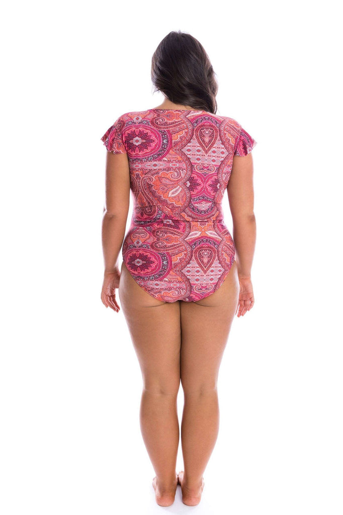 Bohemian sunset frill sleeve one piece by capriosca swimwear from rawspice boutique 