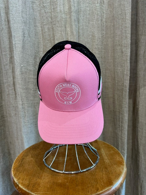 Rocks Hat in pink black featuring a whale tail design on the front, snapback closure, and breathable mesh sides for a comfortable, adjustable fit.