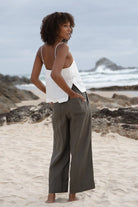 The Khaki Ivy Linen Crop Pants by LILLY PILLY are available at Rawspice Boutique.