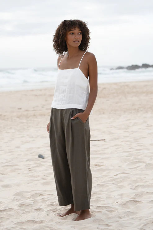 The Khaki Ivy Linen Crop Pants by LILLY PILLY are available at Rawspice Boutique.