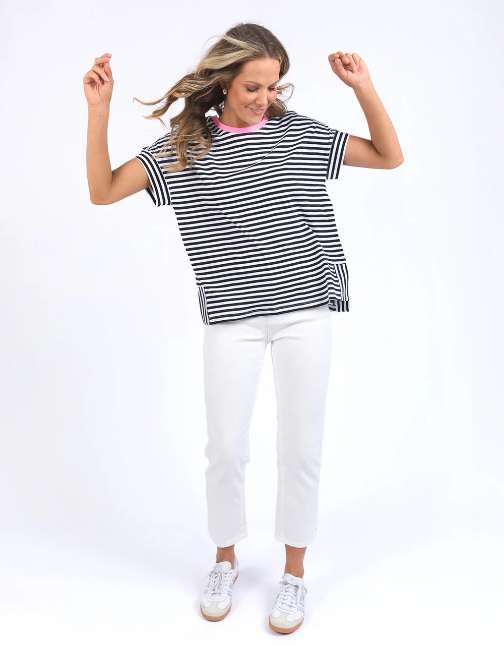 Navy and white striped Jarrah Short Sleeve Tee by Elm with a pink contrast neckline, relaxed fit, cuffed sleeves, and side splits.