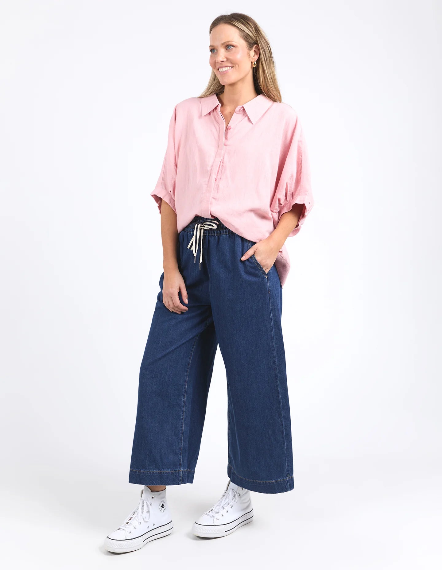 Pink blush oversized linen-viscose shirt with a full button front, collar, and cuffed 3/4 balloon sleeves for a relaxed yet stylish look.