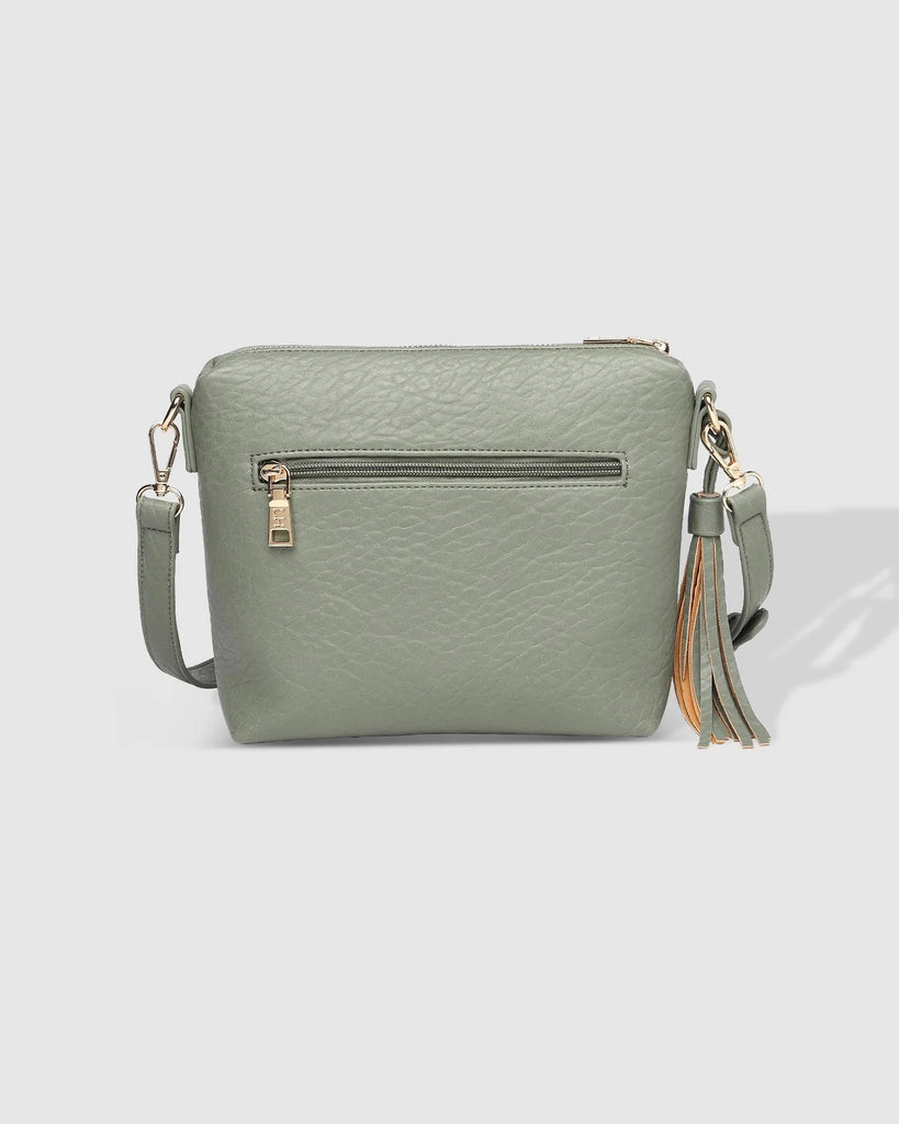The Light Khaki Kasey Textured Crossbody Bag With Logo Strap by LOUENHIDE are currently available at Rawspice Boutique.