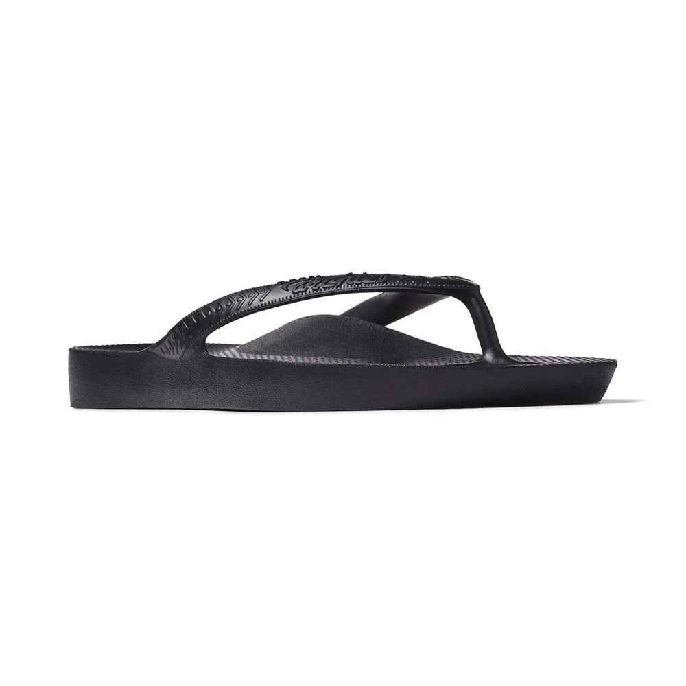 Black Archies support thongs with up to 2.2cm orthotic support, designed for comfort and foot alignment, perfect for plantar fasciitis relief.