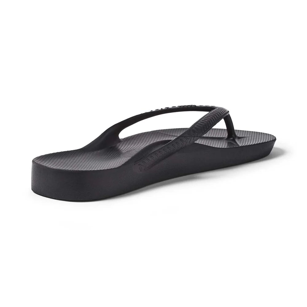 Black Archies support thongs with up to 2.2cm orthotic support, designed for comfort and foot alignment, perfect for plantar fasciitis relief.