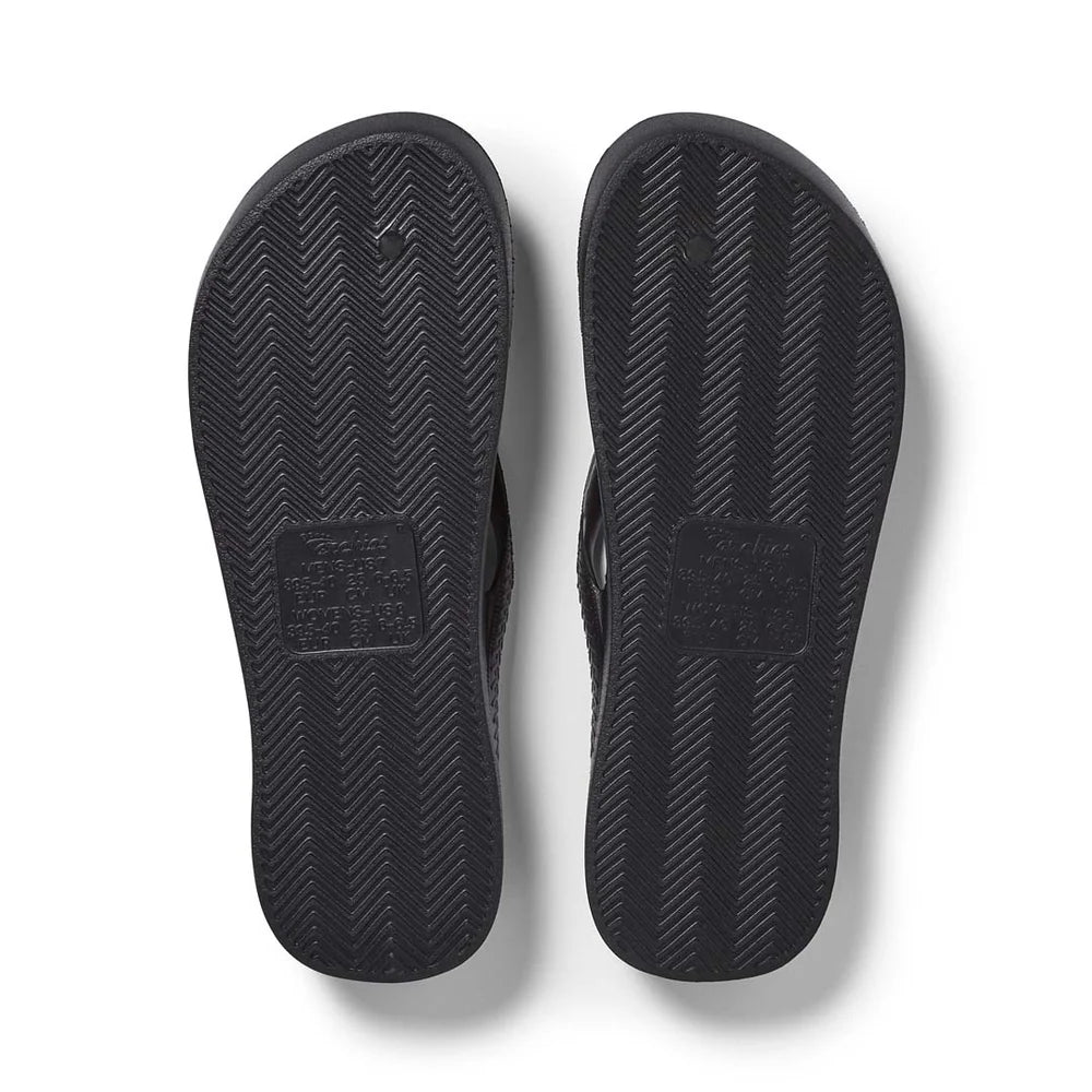 Black Archies support thongs with up to 2.2cm orthotic support, designed for comfort and foot alignment, perfect for plantar fasciitis relief.