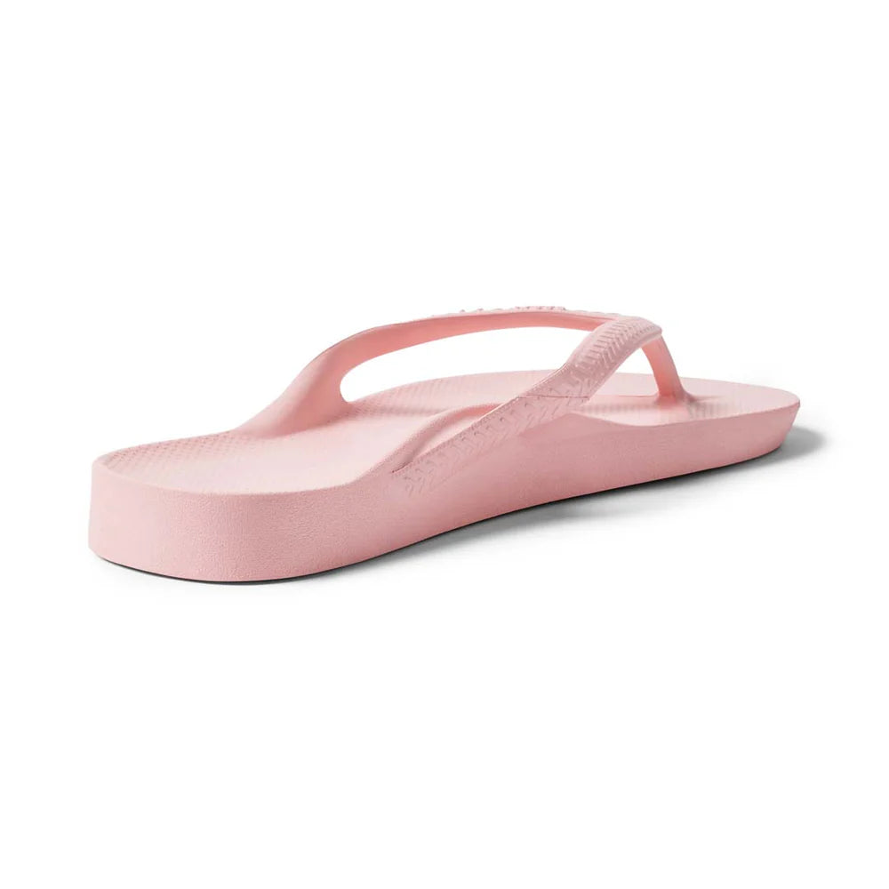 Pink Archies support thongs with up to 2.2cm orthotic support, designed for comfort and foot alignment, perfect for plantar fasciitis relief.