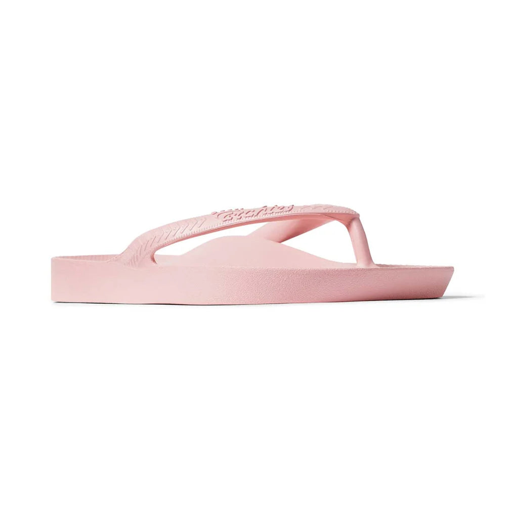 Pink Archies support thongs with up to 2.2cm orthotic support, designed for comfort and foot alignment, perfect for plantar fasciitis relief.