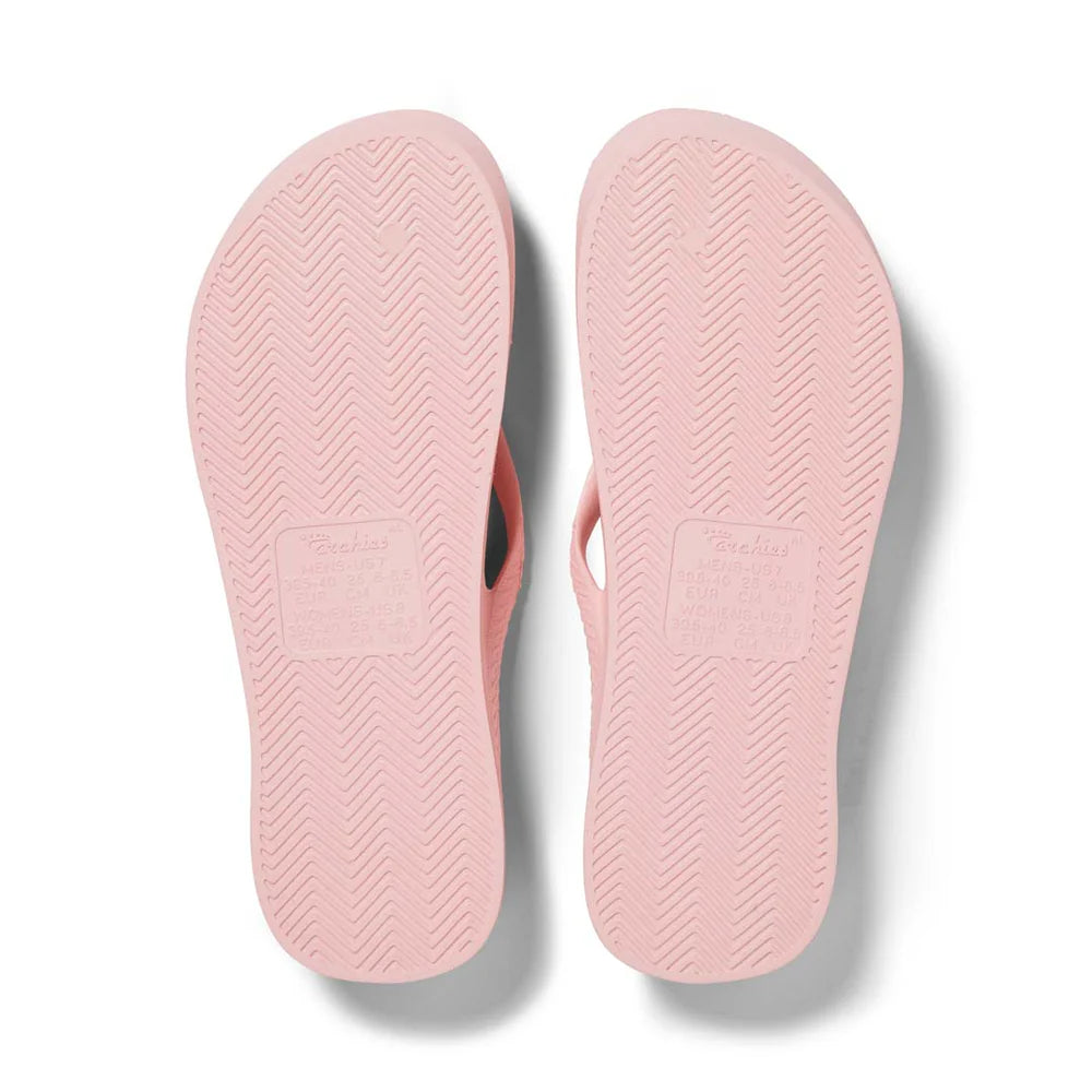 Pink Archies support thongs with up to 2.2cm orthotic support, designed for comfort and foot alignment, perfect for plantar fasciitis relief.