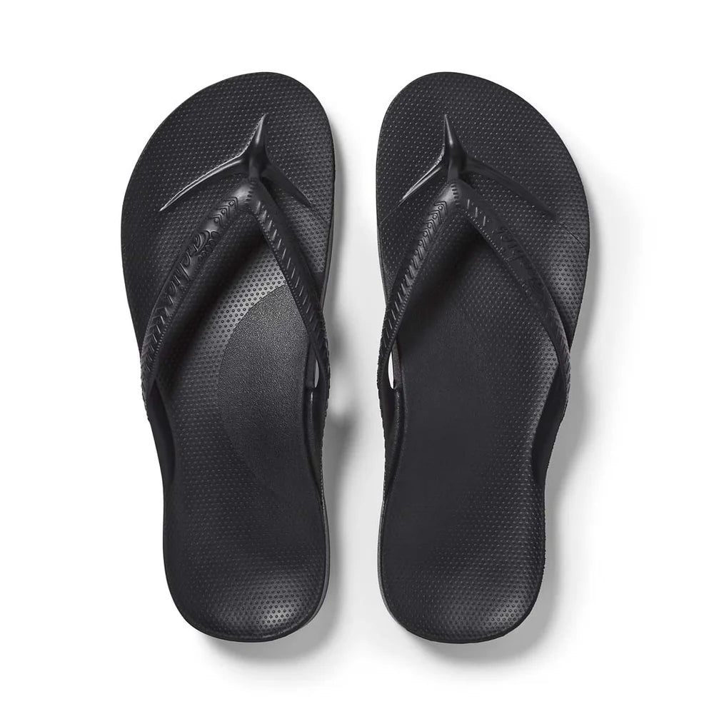 Black Archies support thongs with up to 2.2cm orthotic support, designed for comfort and foot alignment, perfect for plantar fasciitis relief.