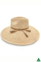 Kimberley Raffia Fedora in natural with 13cm wide brim, 10cm crown, brown leather tassel trim, ComfyFit adjustable band, and removable chin strap.
