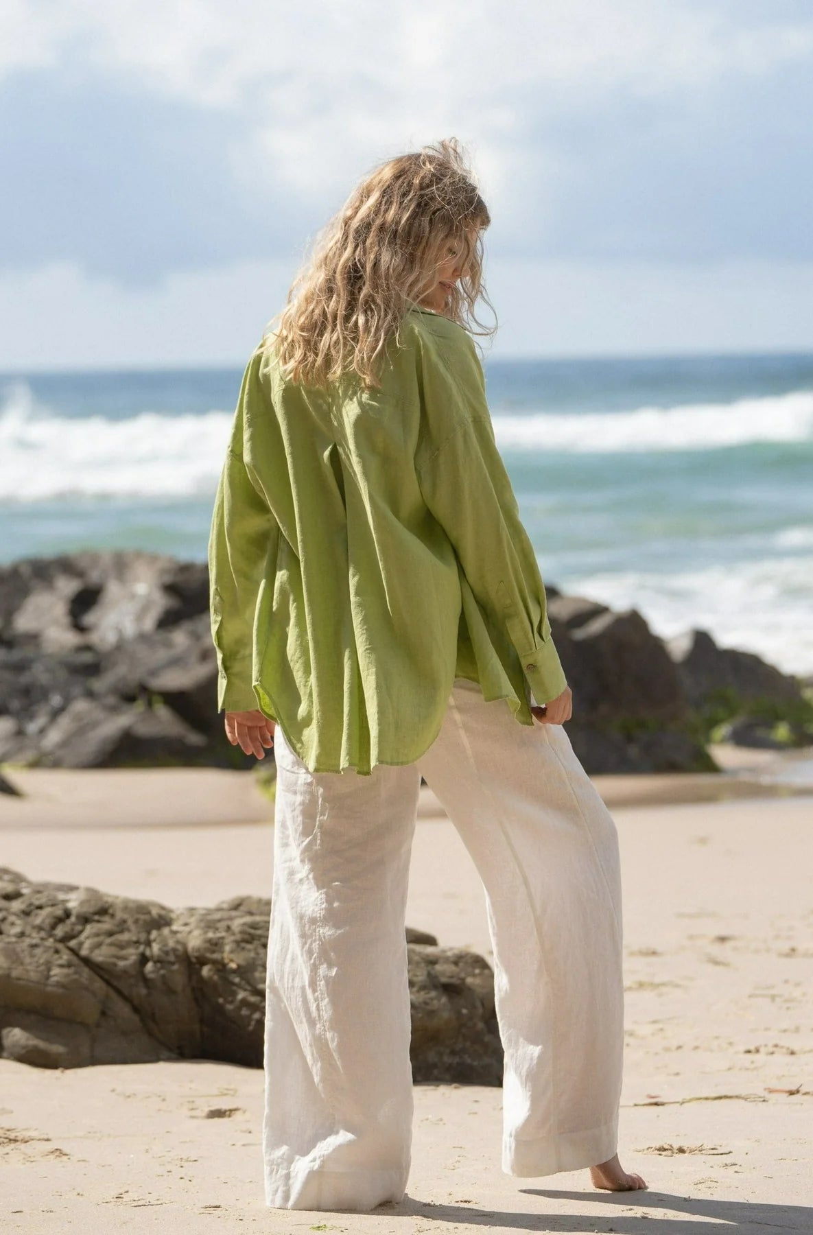 Lemongrass Kirra Linen Shirt by Lilly Pilly currently available from Rawspice Boutique.