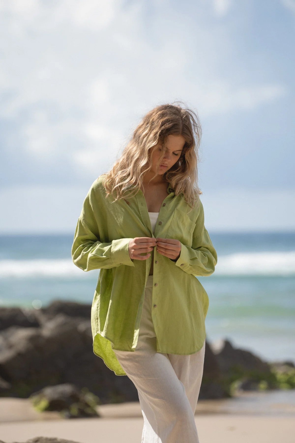 Lemongrass Kirra Linen Shirt by Lilly Pilly currently available from Rawspice Boutique.