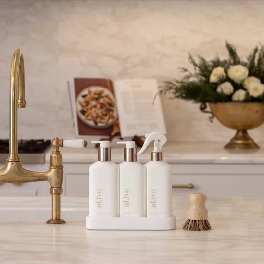 Kitchen Rituals Gift Set – Lemon Myrtle & Honeydew featuring Dishwashing Liquid, Bench Spray, Hand Wash, and natural bamboo dish brush in a Crisp White set.
