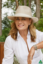 Laura Flexibraid® Fedora in Mix Camel with tonal band, adjustable ComfyFit, and UPF50+ sun protection. Lightweight and crush-resistant design.
