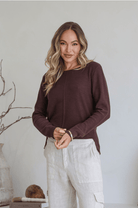 Brown 100% cotton light knit top with a breathable, timeless design, ideal for layering or wearing alone for everyday comfort and style.