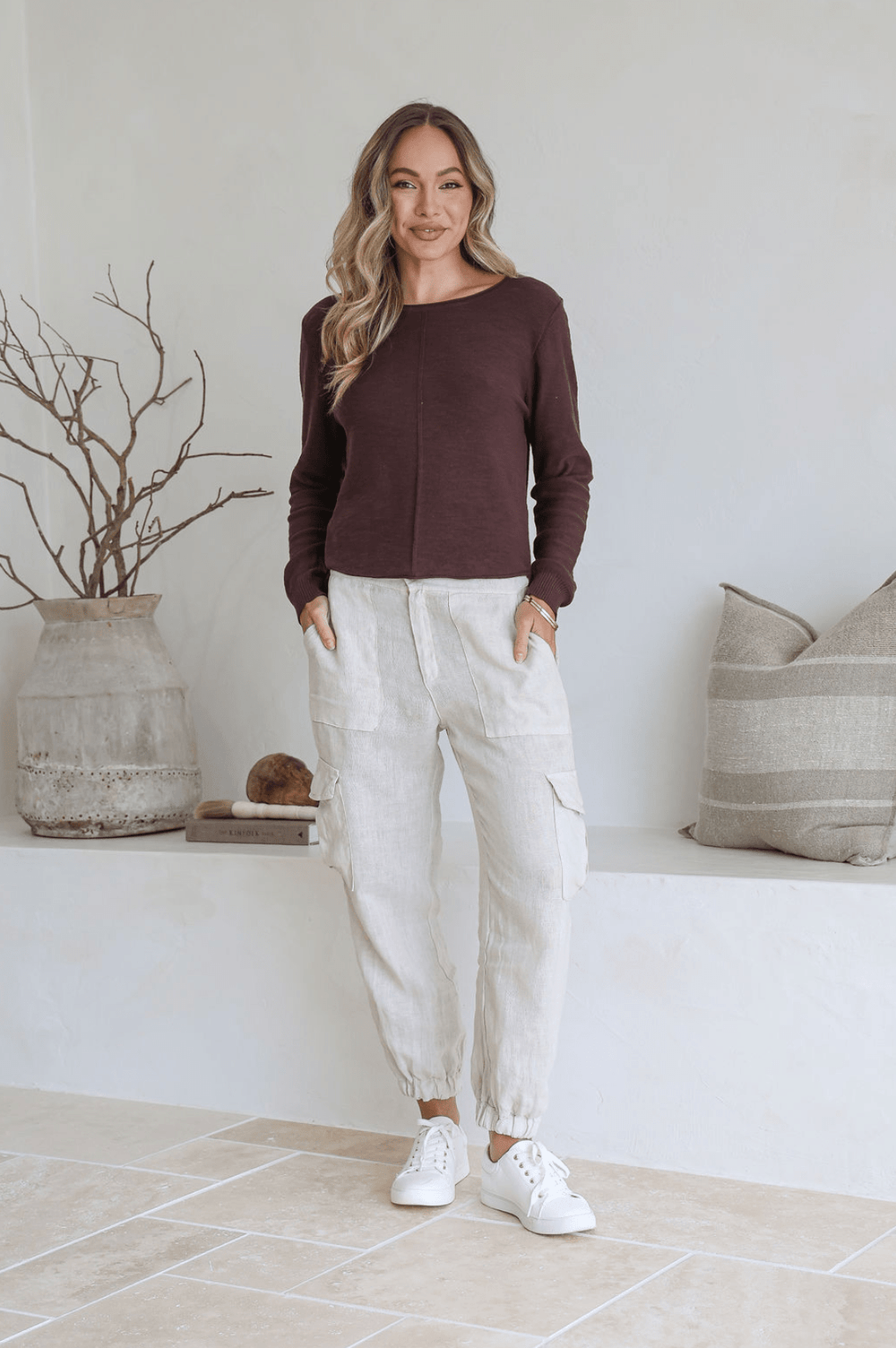 Brown 100% cotton light knit top with a breathable, timeless design, ideal for layering or wearing alone for everyday comfort and style.