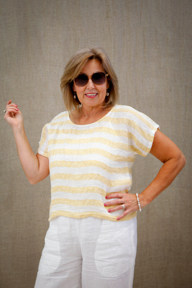 The Lemon Stripe Carina Box Top by Rustic Linen is available at Rawspice Boutique.