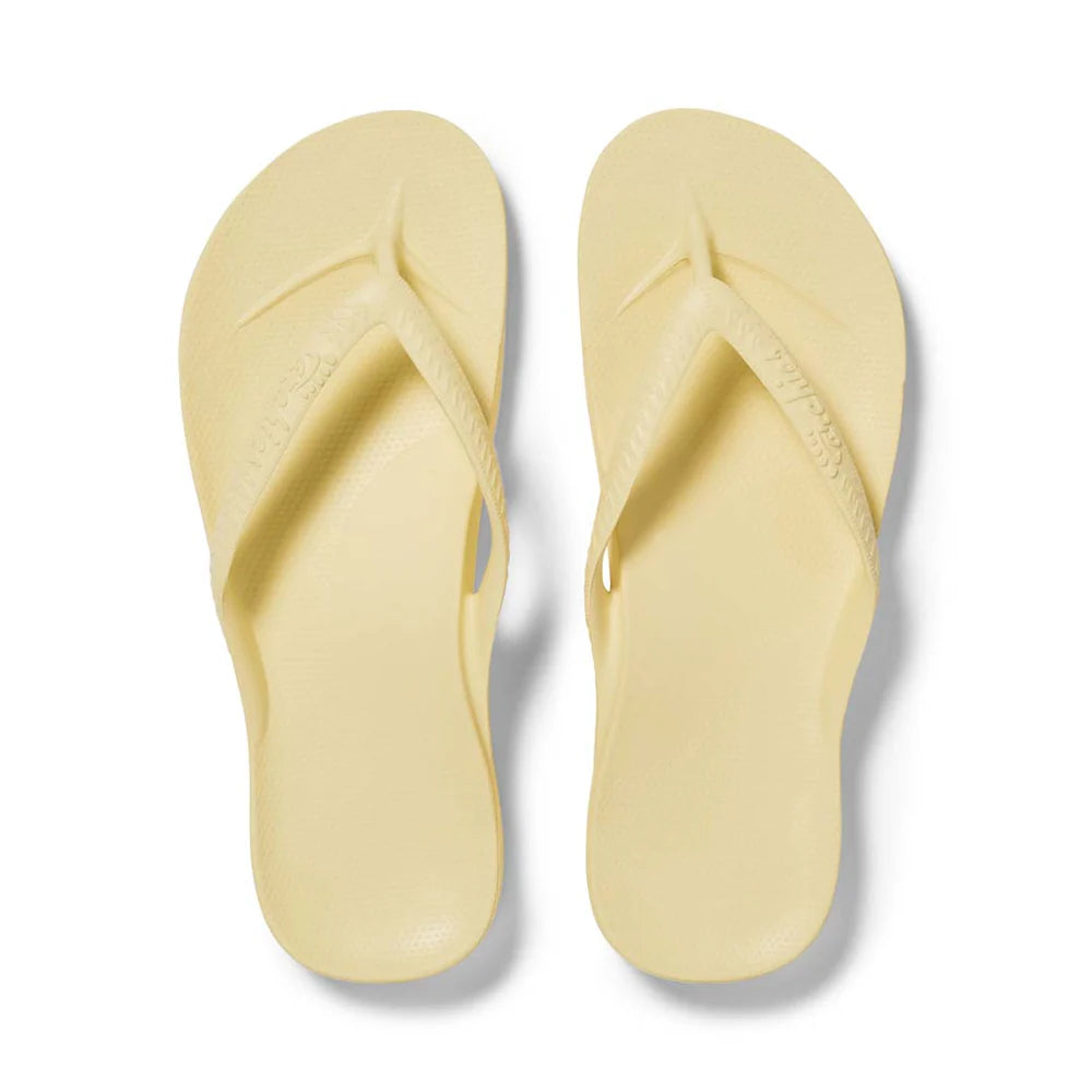 Lemon Archies support thongs with up to 2.2cm orthotic support, designed for comfort and foot alignment, perfect for plantar fasciitis relief.