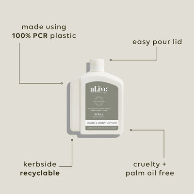 al.ive 650ml Lotion Refill in Willow Gum & Lemon Myrtle, designed to refill the existing 500ml Hand & Body Lotion bottle.