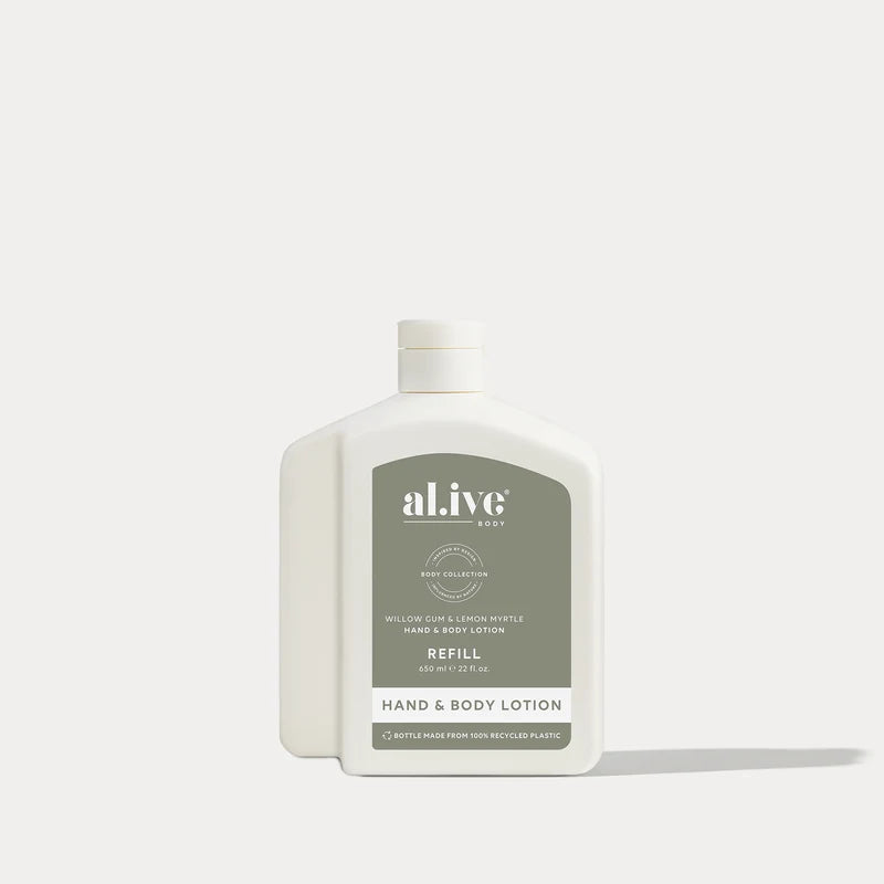 al.ive 650ml Lotion Refill in Willow Gum & Lemon Myrtle, designed to refill the existing 500ml Hand & Body Lotion bottle.