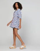 Boom Shankar Lucia Playsuit in Ocean Stripe with a tie neckline, balloon sleeves, contrast cuffs, gingham waist tie and relaxed fit.