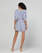 Boom Shankar Lucia Playsuit in Ocean Stripe with a tie neckline, balloon sleeves, contrast cuffs, gingham waist tie and relaxed fit.