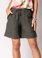 Lysandra Pant in khaki, 100% linen pant with adjustable drawstring waist and above-the-knee length