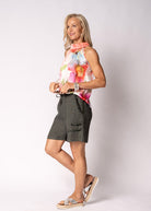 Lysandra Pant in khaki, 100% linen pant with adjustable drawstring waist and above-the-knee length