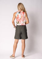 Lysandra Pant in khaki, 100% linen pant with adjustable drawstring waist and above-the-knee length