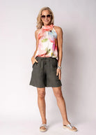 Lysandra Pant in khaki, 100% linen pant with adjustable drawstring waist and above-the-knee length