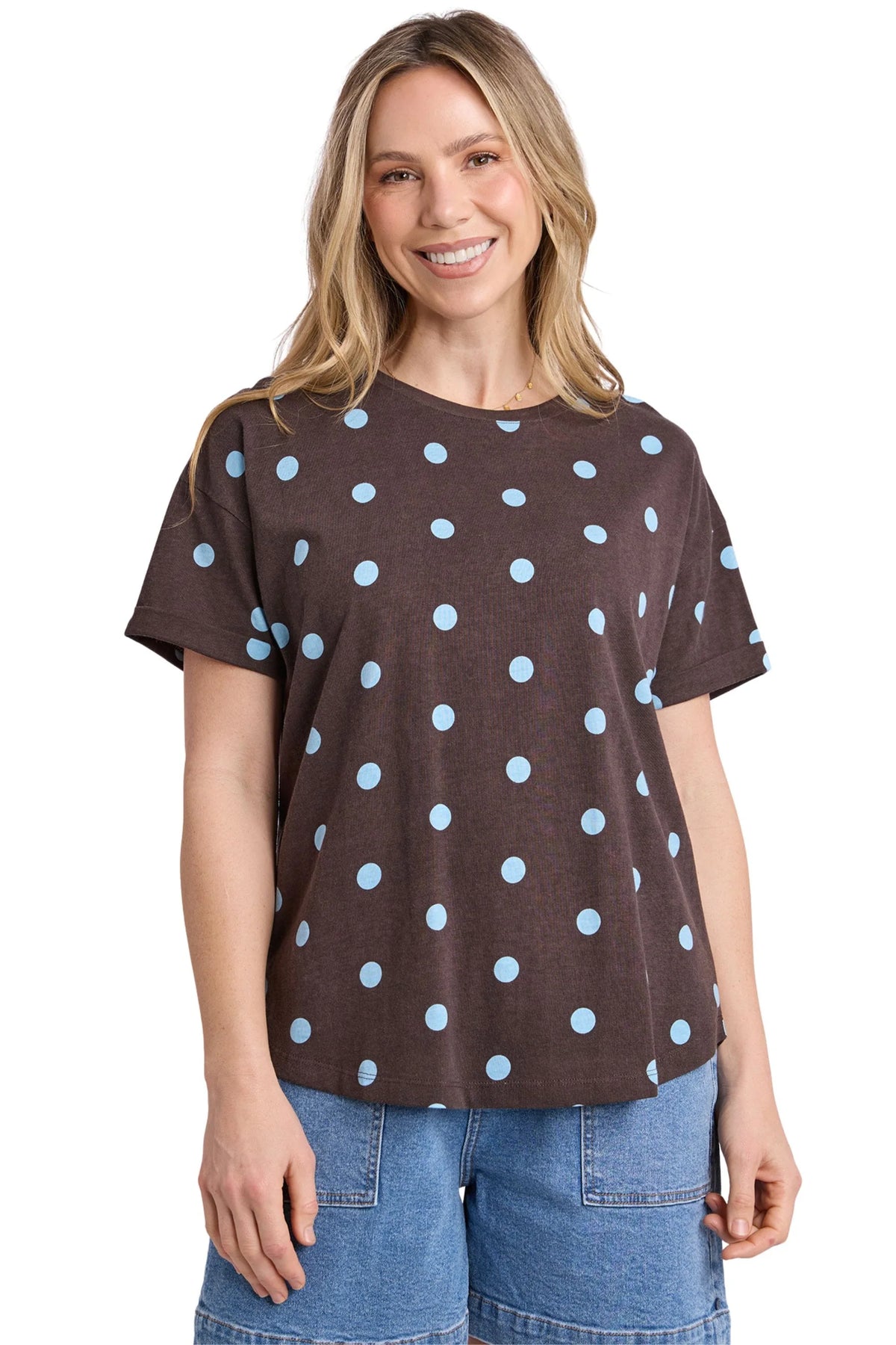 Spot Print Tee featuring a classic block shape, playful spot print, relaxed fit, short sleeves with cuff detailing and lightweight 100% cotton jersey.