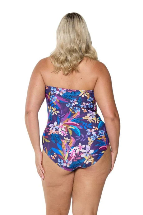A tropical floral Majorca twist front bandeau one-piece swimsuit, designed with or without straps, offering a flattering fit and support for bust sizes up to G cup.
